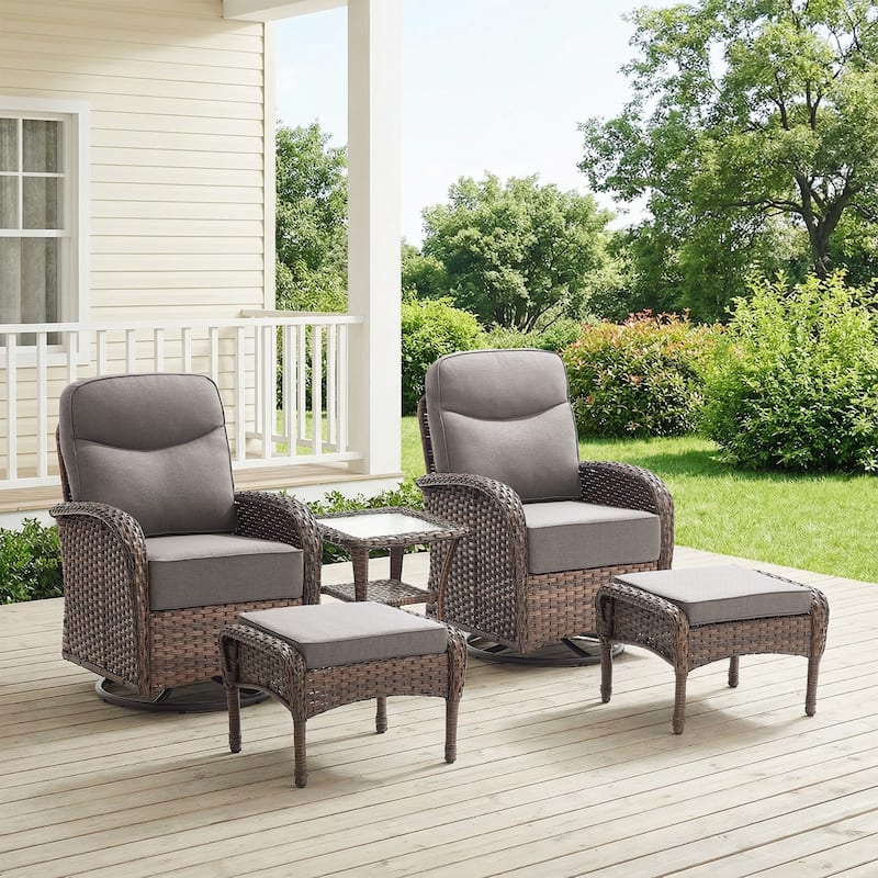 Pocassy Outdoor Sofa Swivel Chair and Ottman with Fire Pit Table - Brown Wicker Gray Cushion - 5-Piece Swivel Chair with Ottoman