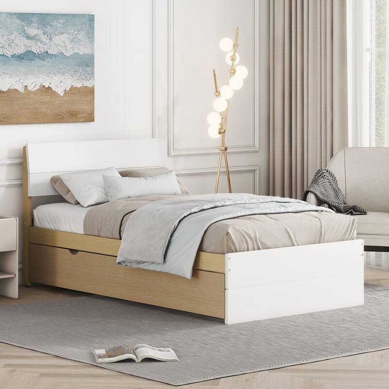 Modern Twin Platform Bed with Light Oak Trundle & High Gloss Headboard