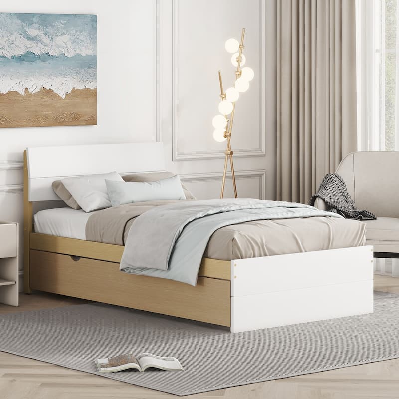 Nestfair Modern Twin Bed Frame With Trundle For White High Gloss Headboard and Footboard