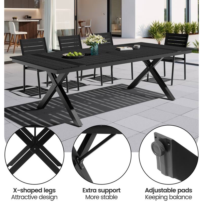 11-Piece Set Outdoor Aluminum Rectangular Dining Table with Umbrella Hole and Stackable Chairs