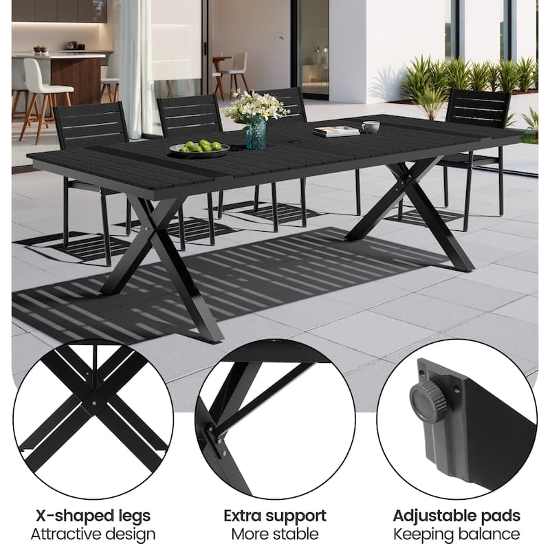 9-Piece Set Outdoor Aluminum Dining Table with Umbrella Hole and Foldable Dining Chairs