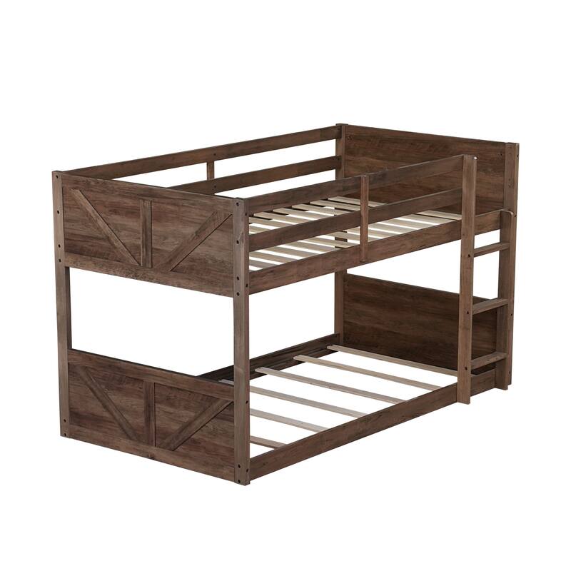 Twin over Twin Floor Bunk Bed w/ Headboard,Footboard,Safety Guardrails