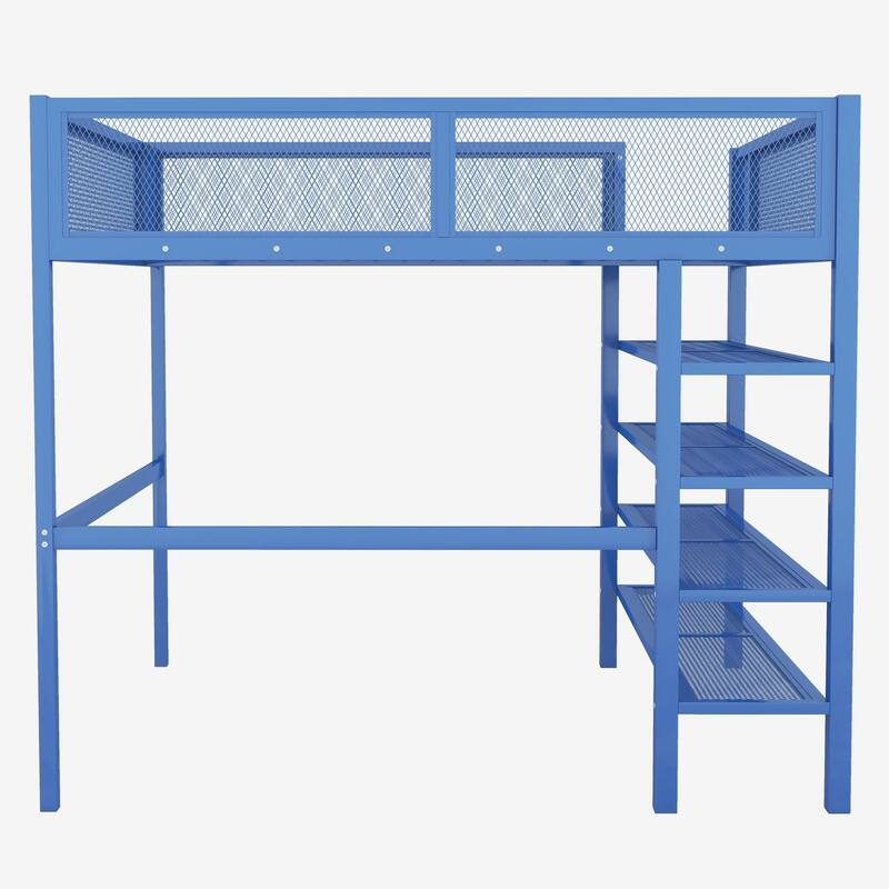 Twin/Full Metal Loft Bed with Built-in Desk, Shelves, and Storage, Modern Design