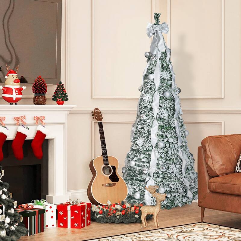 6FT Flocked Pop-Up Christmas Tree with 150 Warm White UL Lights -Pre-Decorated with Ornaments, Snowflakes, Ribbons & Large Bow