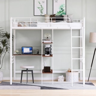 Twin Size Metal Loft Bed with Desk & Shelves - Safe & Space-Saving Design