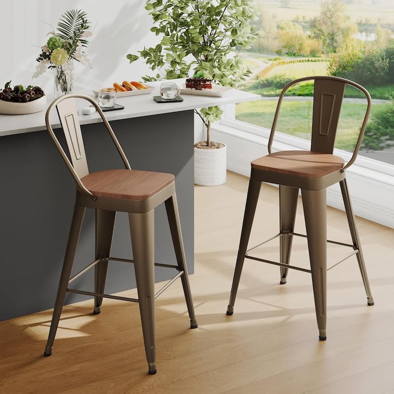 Counter Stools with Metal Frame Counter Height Bar stools with High Back 24" Kitchen Bar Furniture Stools with Wooden Seat - Rusty - Set of 2