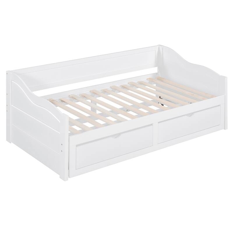 Roomfitters Wooden Twin Daybed with Trundle and Two Storage Drawers Extendable Solid Wood