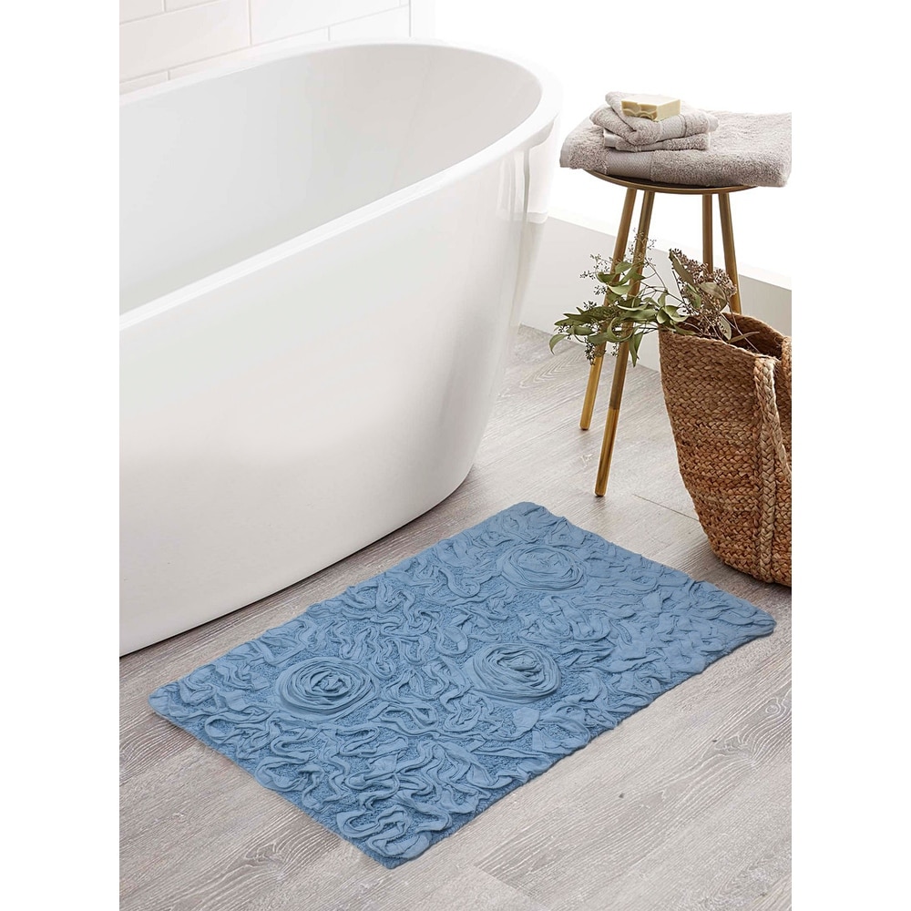 Home Decorators Collection 17 in. x 24 in. Aqua Green Textured Border Cotton Machine Washable Bath Mat, Blue