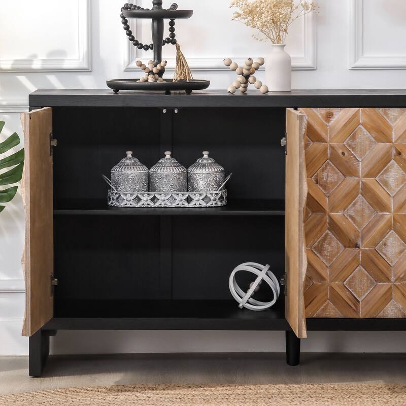 Rustic 4-Door Wood Storage Cabinet Buffets with Geometric Pattern,Adjustable Shelves Natural Wood Sideboard Cabinet