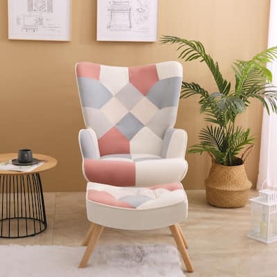 Accent Chair with Ottoman, Living Room Chair Ottoman Set, Splicing Cloth Surface Comfy Side Armchair Reading Chair for Bedroom