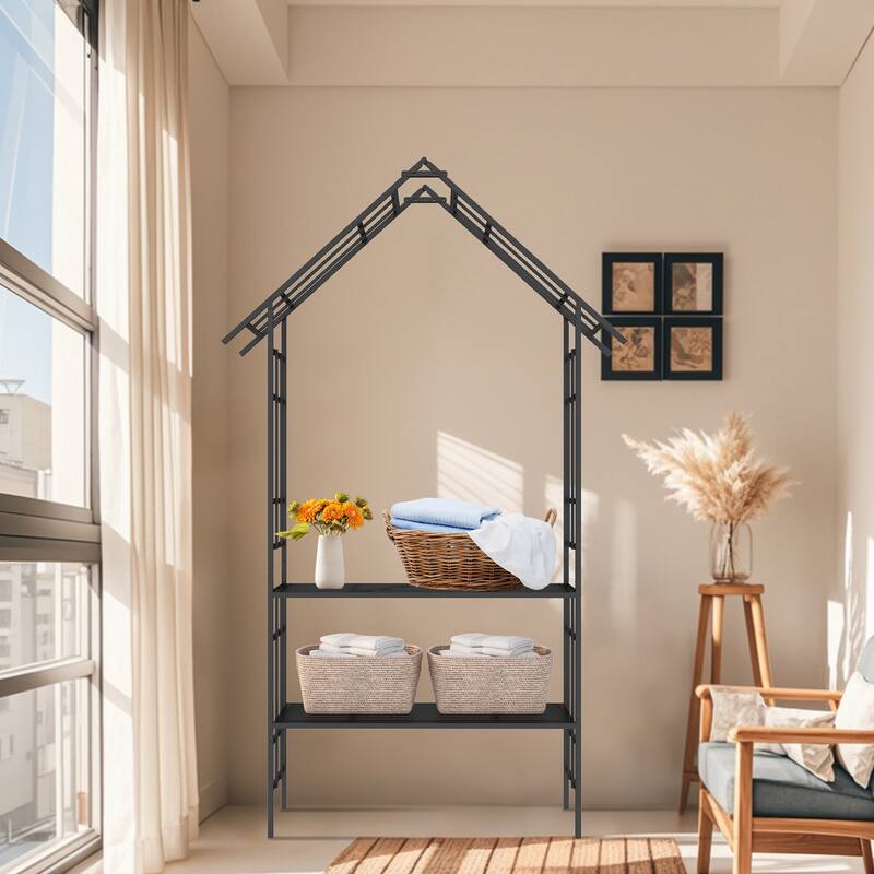 Anmytek Black Metal Garden Arch with Bench and Flower Stand for Climbing Plants Rose Arbor