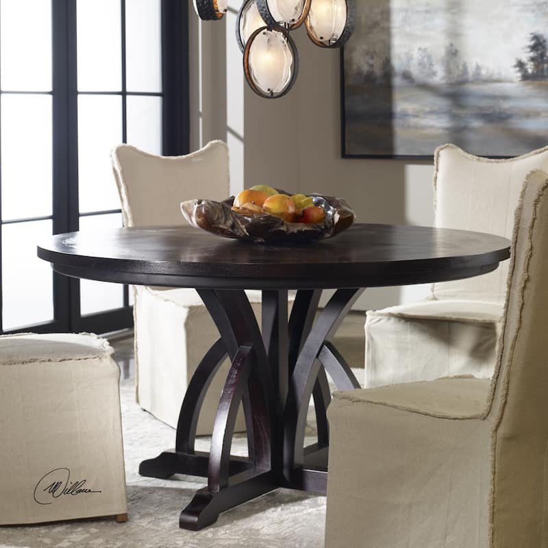 56" Maiva Round Black Mango Wood Dining Table with Arched Base Design