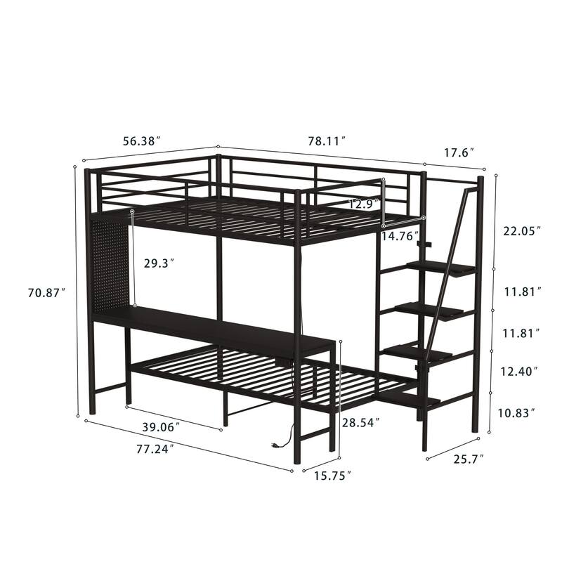 Full Size Bunk Bed with Twin Size, LED light and Charging Socket