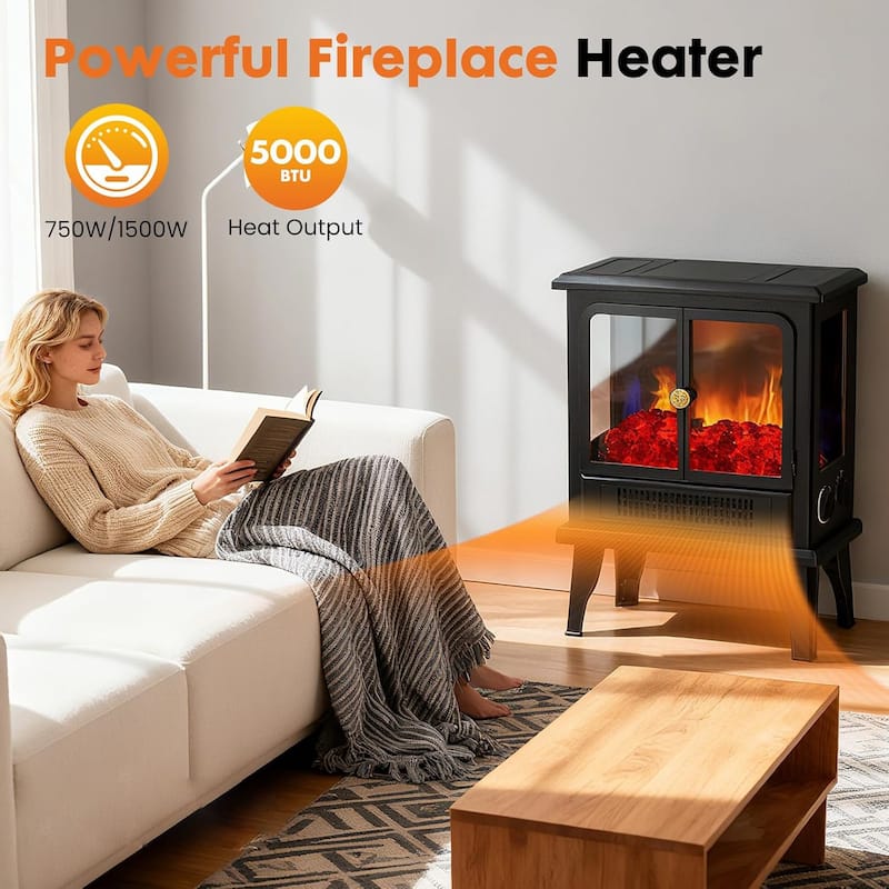 19" Freestanding Electric Fireplace Stove, Fire Place Heater with Realistic Logs and Flame Effect and Overheat Protection