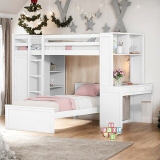 Twin Loft Bed with a Stand-alone bed, Shelves, Desk and Wardrobe, White