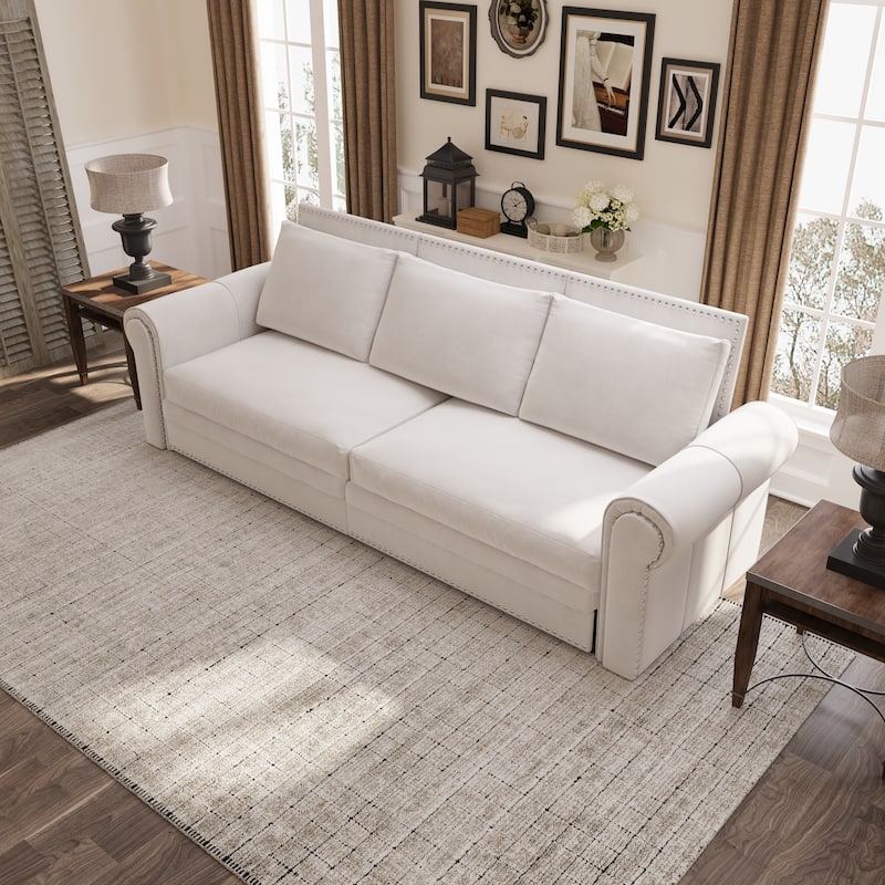 93.7" King Pull Out Sofa Bed w/ Nailhead Trim & Rolled Arm for Living Room Bedroom - White