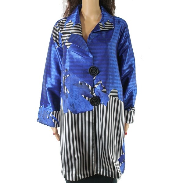 IC Womens Jacket Blue Size 2X Plus Dual Button Striped Floral Jacquard