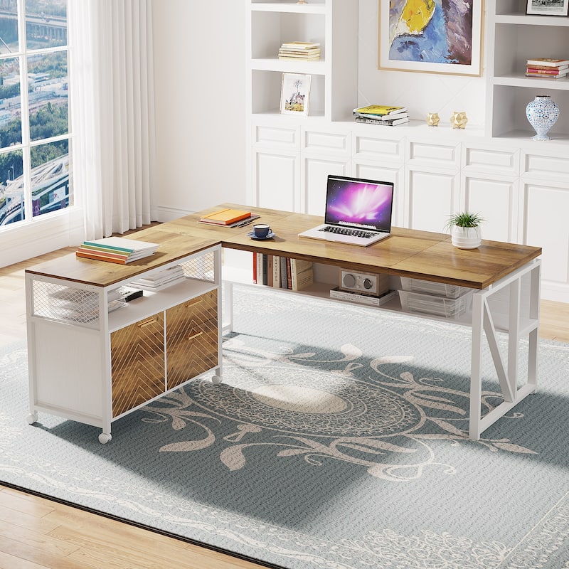 L Shaped Desk with Drawer, Executive Desk and lateral File Cabinet, 2 Piece Home Office Furniture