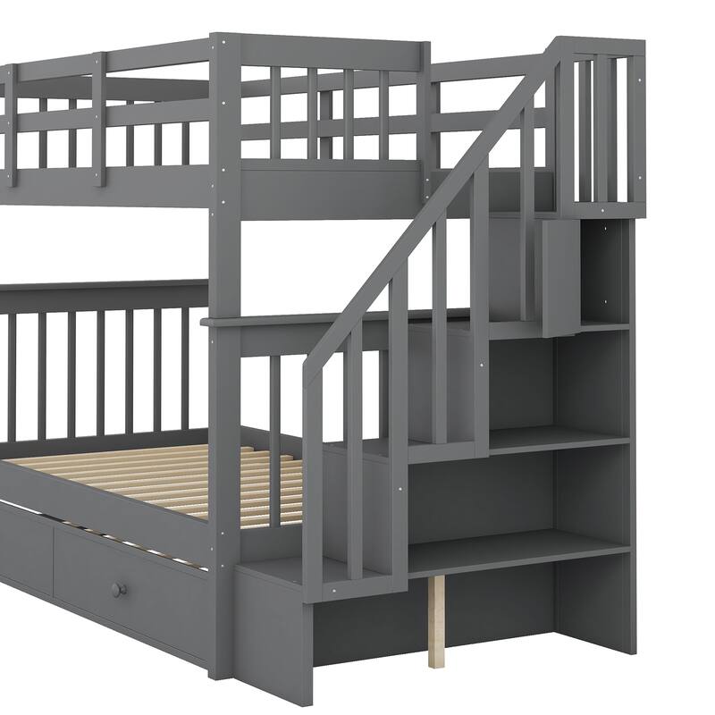 Twin-Over-Twin Bunk Bed with Trundle, Storage Stairs, Gray Finish