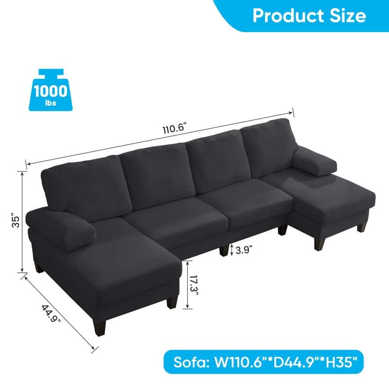 Mixoy W110"Velvet U-Shaped Sectional Sofa Couches,Upholstered 4-Seater Sofa with Double Chaises and Sleepable Armrest