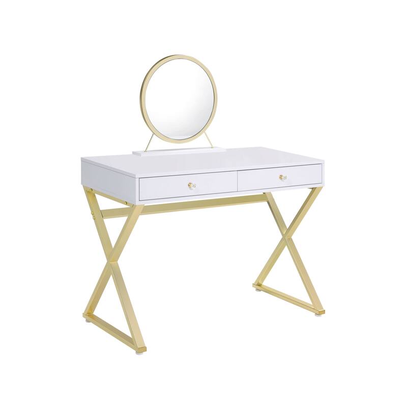 White-Gold Walnut Mirrored Vanity Table with Mirror for Bedroom - 20” D x 42” W x 31” H - White-Gold