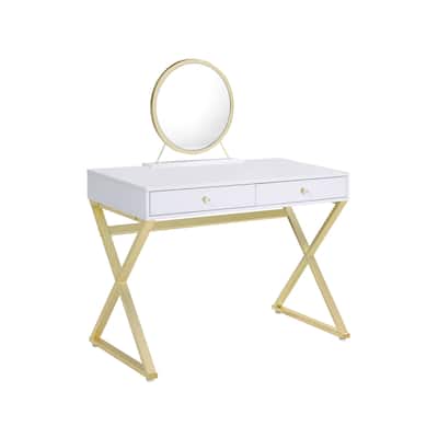 White-Gold Walnut Mirrored Vanity Table with Mirror for Bedroom - 20” D x 42” W x 31” H