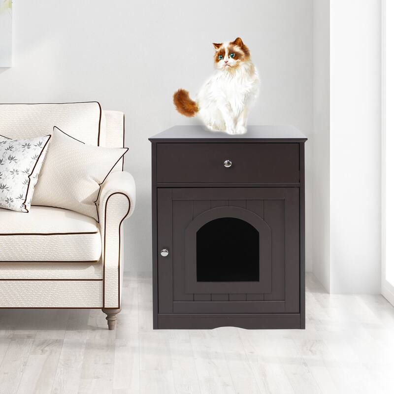 Wooden Cat Litter Box Enclosure Pet House Nightstand Indoor Pet Crate with Storage Drawer for Living Room