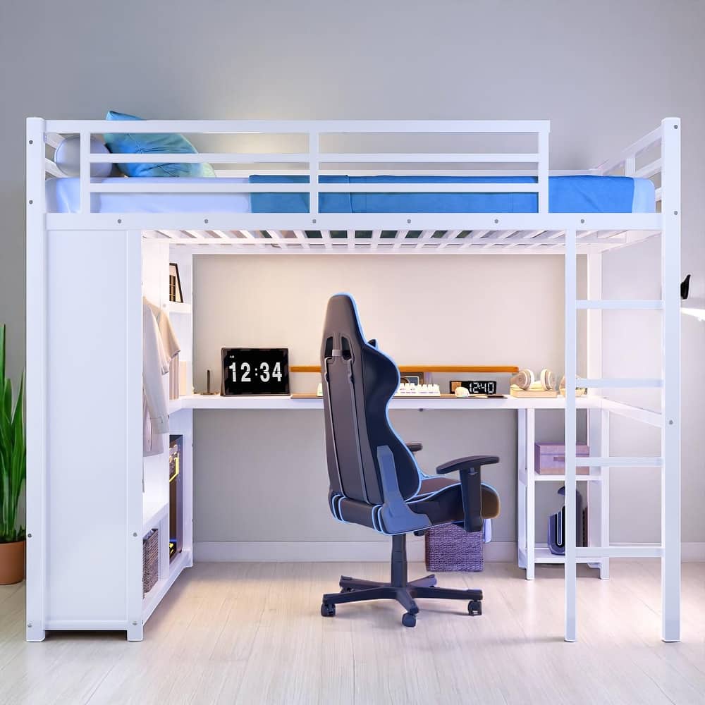 Space-Saving Twin XL/Full/Queen Size Loft Bed with Desk, Wardrobe & Storage, Metal Frame with Guardrails