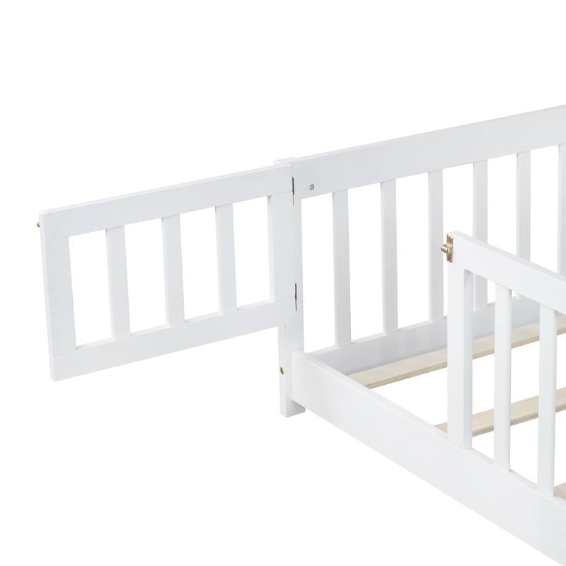 Twin Size Floor Bed with Fence and Door,Rubber Wood Floor Bed with Safety Guardrails