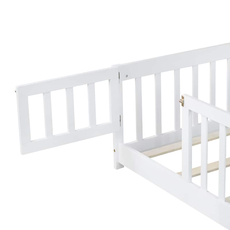 Twin Size Rubber Wood Floor Panel Bed with Safety Fence and Door