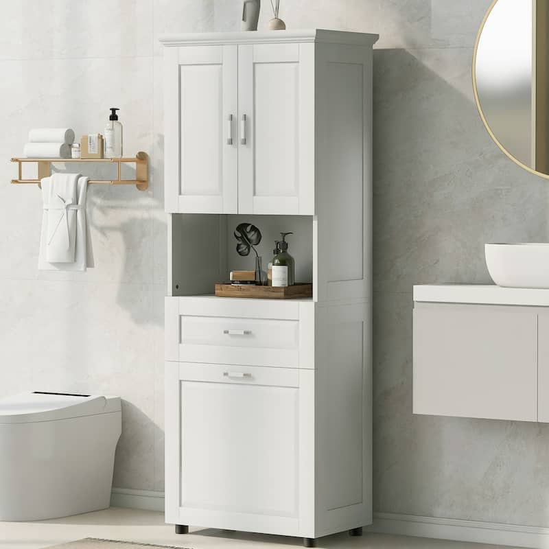 Tall Bathroom Cabinet with Tilt-Out Laundry Basket and Upper Storage Cabinet