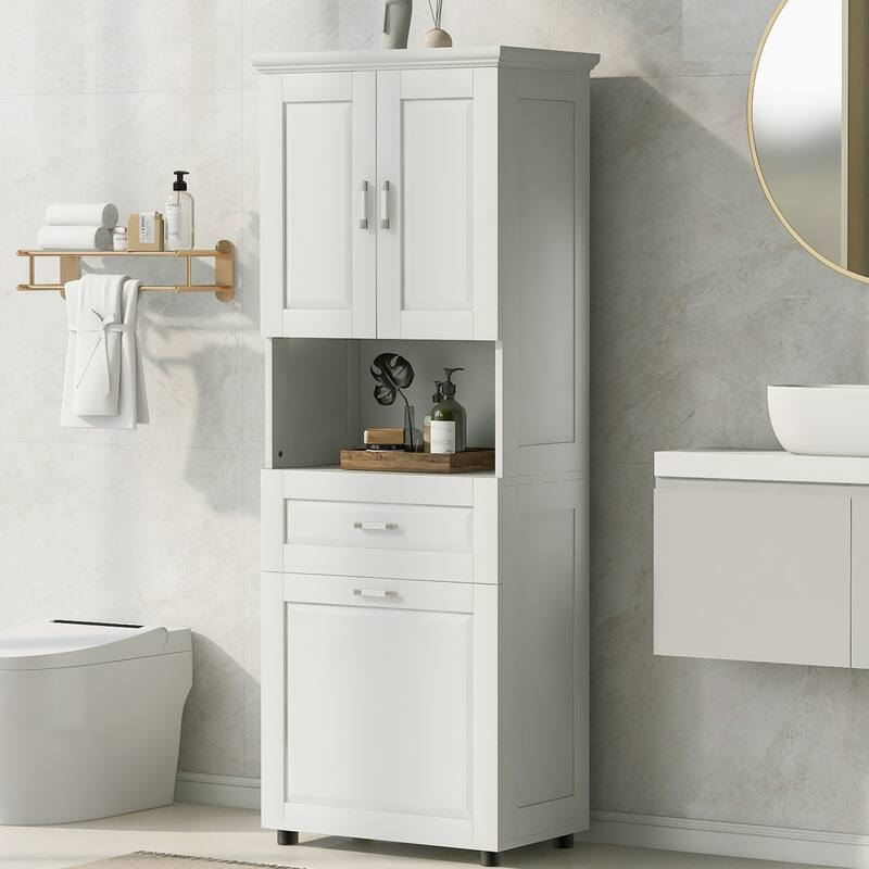 Waterproof Bathroom Cabinet with Tilt-Out Laundry Basket, Large Double Door Storage Cabinet with Adjustable Shelf and Drawer