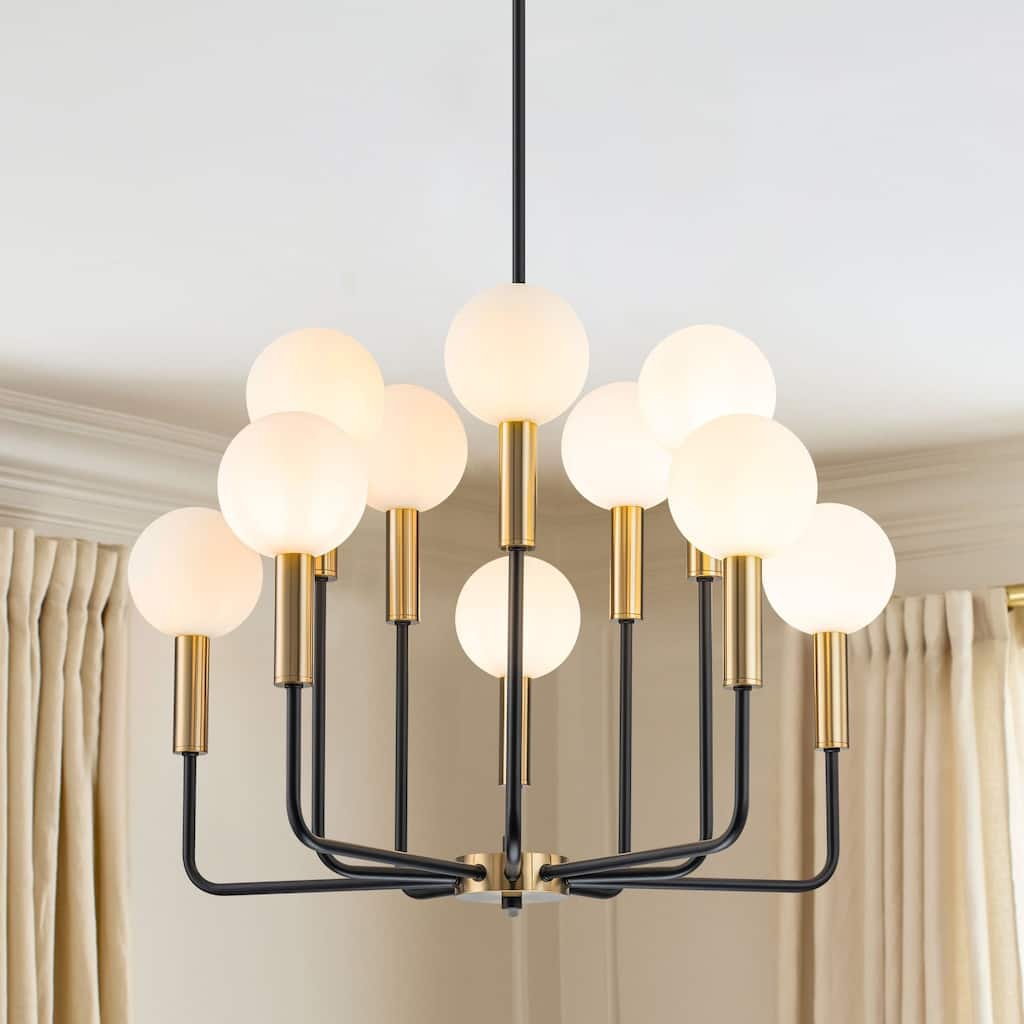 10-Light Modern Transitional Black and Gold Uplight Frosted Glass Globe Chandelier - 27.56 in. W x 19.69 in. H
