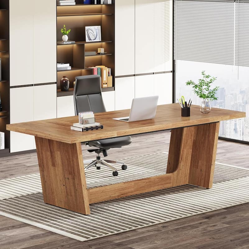 71 Inches Executive Desk, Large Home Office Desk with Solid Wooden Pedestal