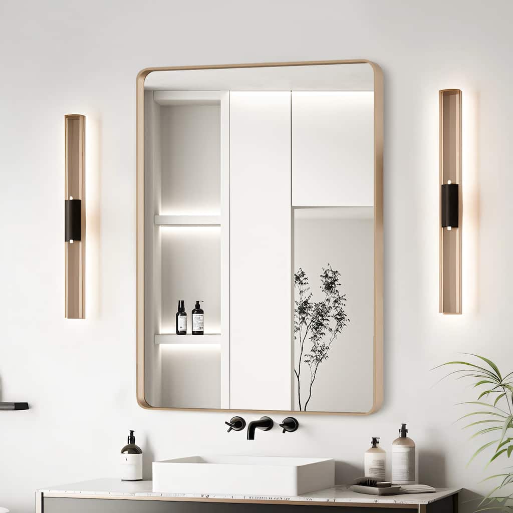 24x32 Inch Gold Aluminium Frame Bathroom Mirror, Clear Reflection With No Distortion