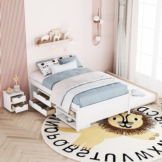 Full Size Storage Bed, Solid Wood Bed with Trundle, Under Bed Storage Box of 2 Drawers, Shelves & Nightstand, White
