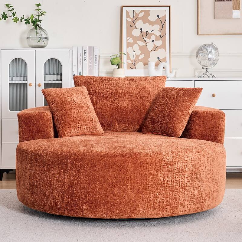 Round Accent Chair with High-Resilience Cushions, Swivel Chenille Barrel Chair, Fluffy Sleeper Lounge Chair