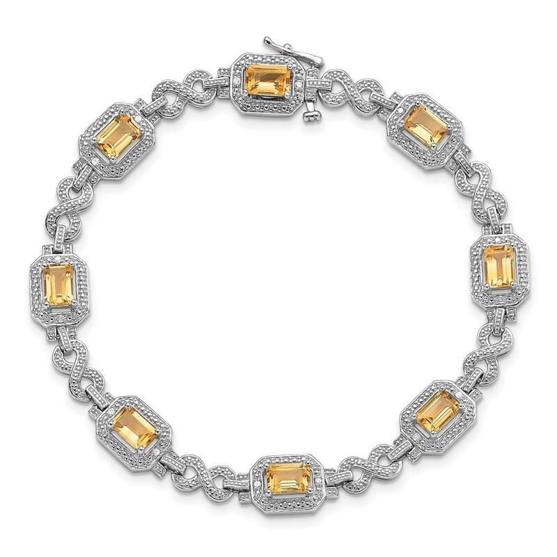 Curata 925 Sterling Silver Textured Polished Box Catch Closure Diamond and Citrine Bracelet