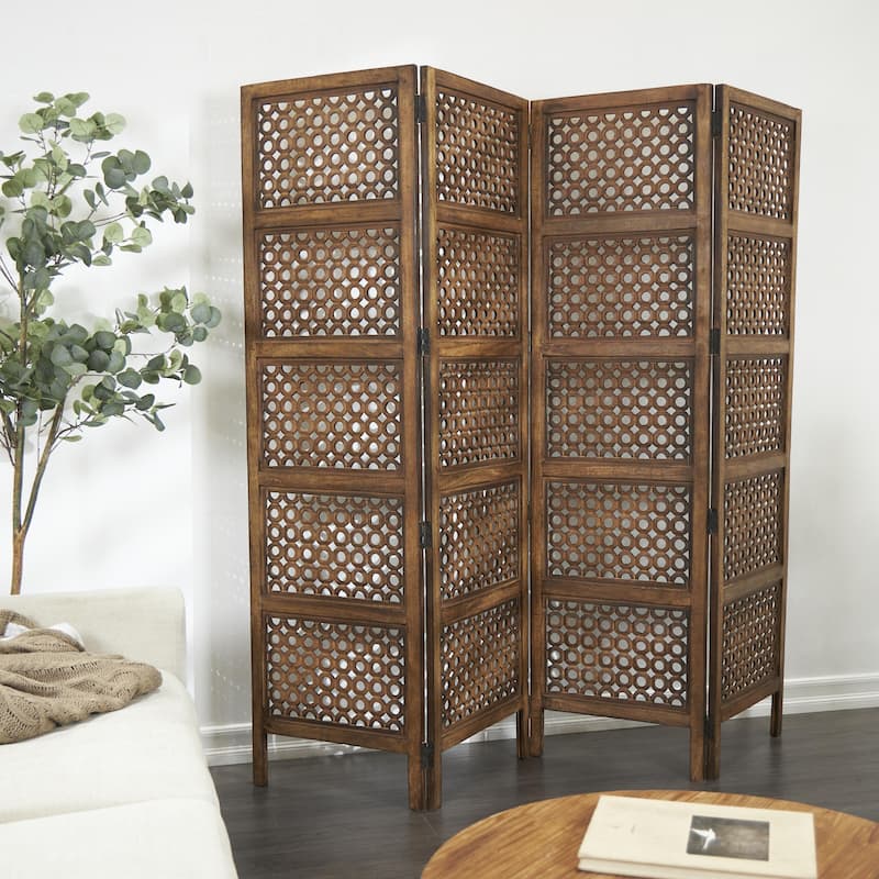Wooden Floral Handmade Hinged Foldable 4 Panel Room Divider Screen with Intricately Carved Designs - Brown - Roche River Decor