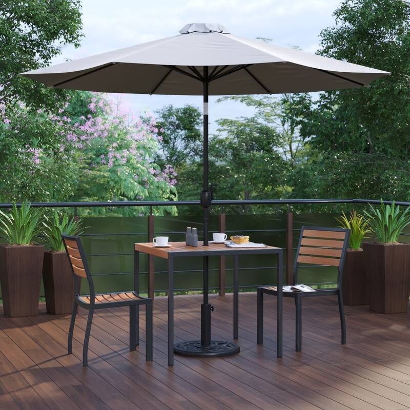 Faux Teak Patio Table, 2 Chairs & 9FT Patio Umbrella with Base - Gray