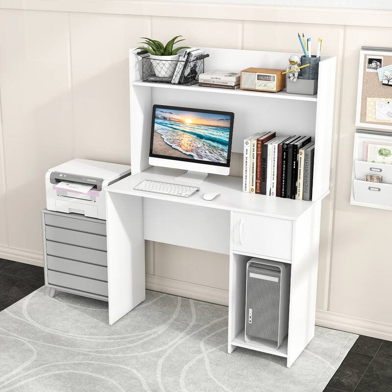 Gymax Computer Desk Home Office Desk w/ Raised Display Shelf & 2 Open