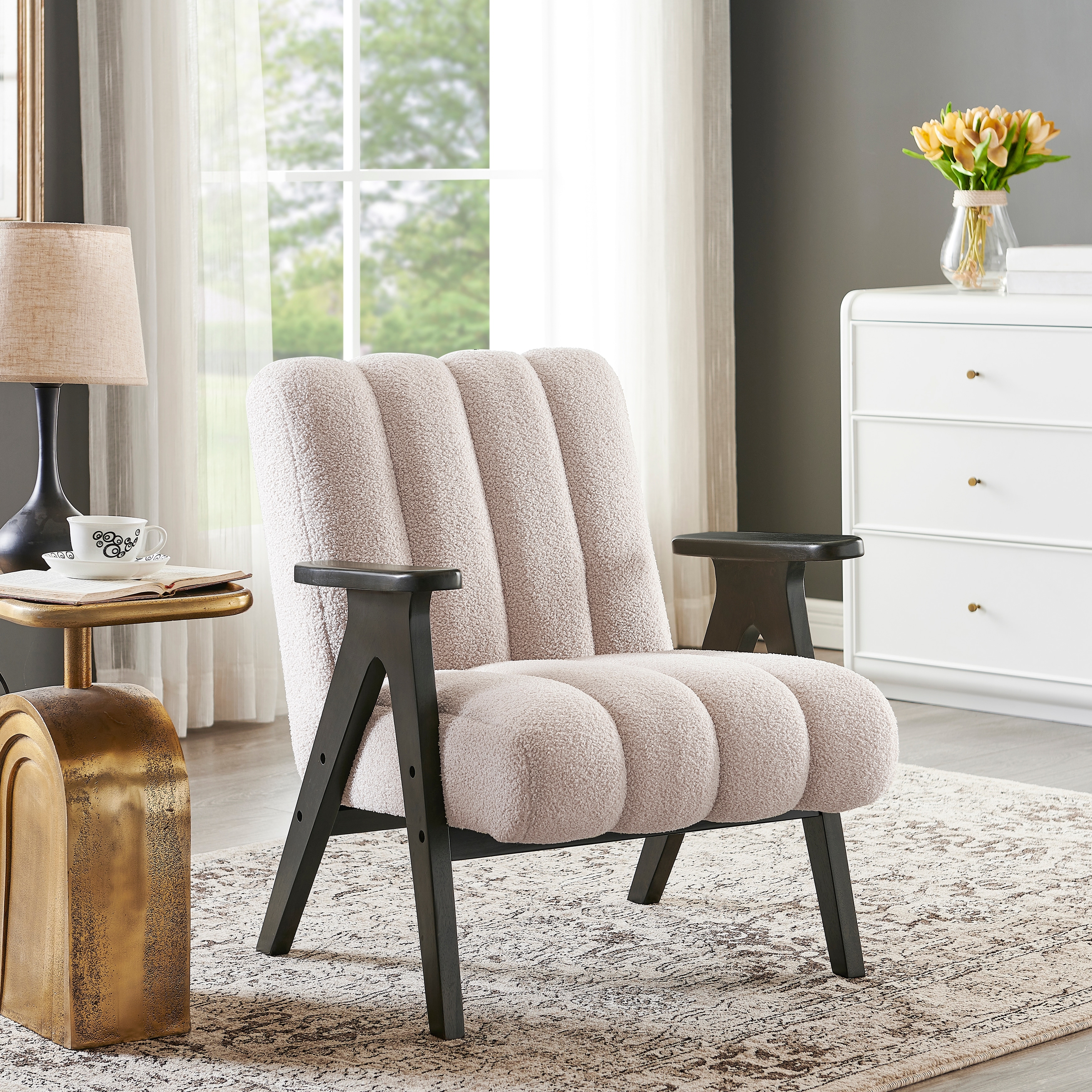 Roundhill Furniture Rella Modern Teddy Sherpa Fabric Accent Chair with Espresso Wood Frame