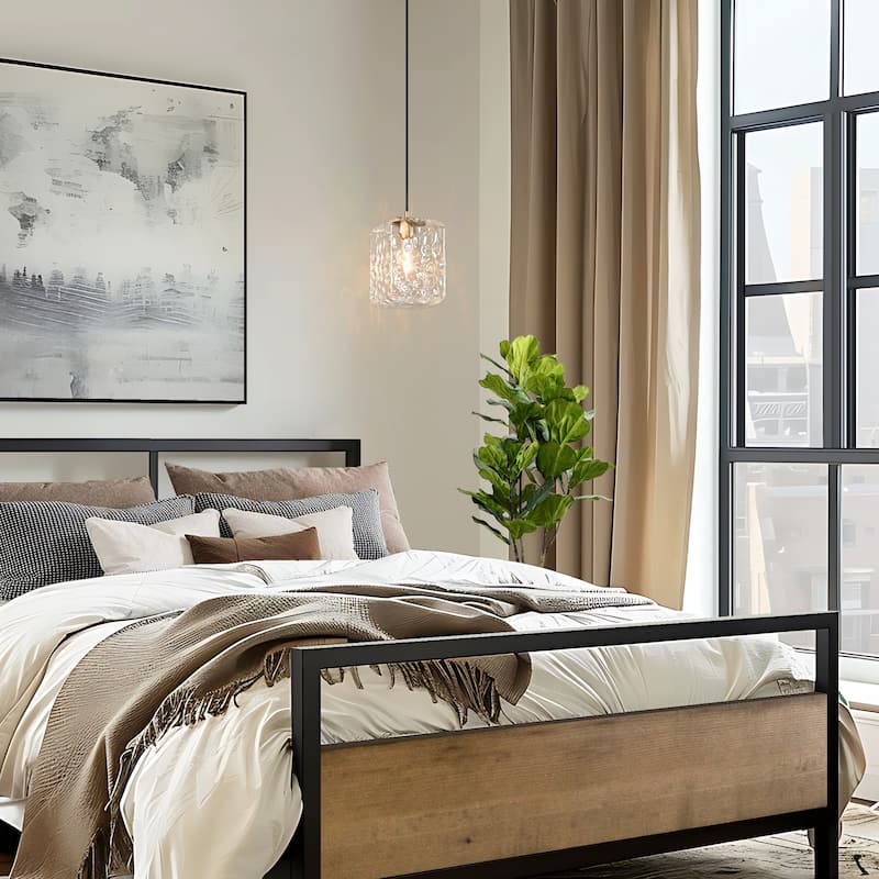 Modern 1-Light Black Gold Pendant Light Fixture Textured Glass Rectangular Shade Kitchen Island Light for Dining Room