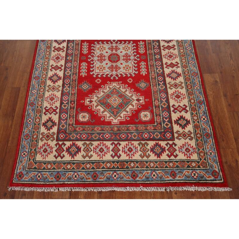 Red Geometric Kazak Oriental Rug Handmade Traditional Wool Carpet - 3'2" x 4'9"