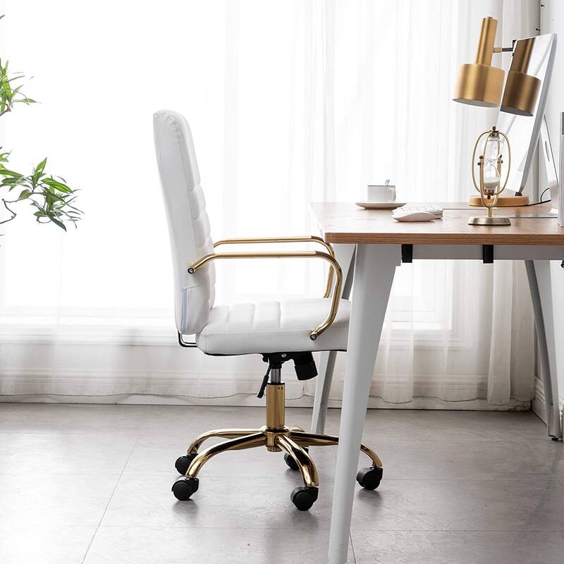 BTEXPERT Ergonomic White Faux Leather Adjustable Home Office Arm Chair Golden Finish