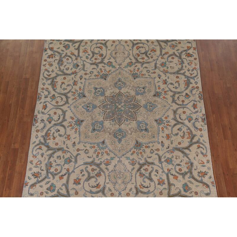Hand Knotted Oriental 100% Wool Carpet Traditional Floral Beige & Ivories Tabriz Area Rug - 10' 1'' X 6' 10''