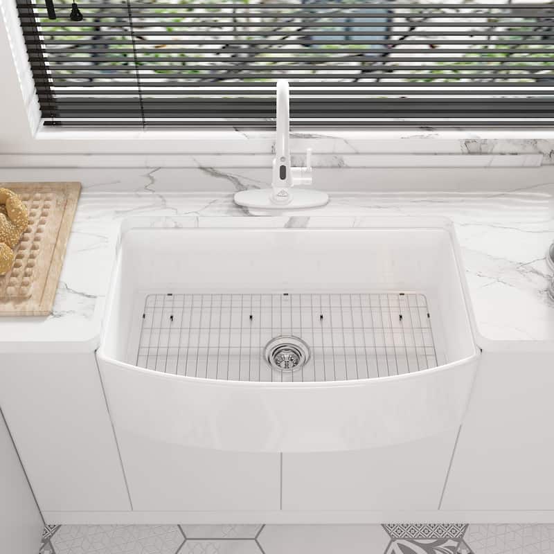 All-in-One Fireclay Curved Design Single Bowl Farmhouse/Apron-Front Kitchen Sink with Pull Down Kitchen Faucet and Accessories