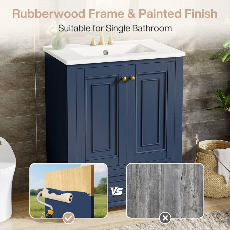 24 Inches Solid Wood Modern Bathroom Vanity with Ceramic Sink, Adjustable Shelf Storage