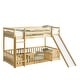 preview thumbnail 9 of 31, Twin Over Twin Low Pine Wood Bunk Bed with Guardrails, Slide and Ladder for Kids, No Slats Toddler Floor Bed with Fence and Door