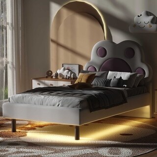 Meow ~ Kids Bed Paw Shaped Upholstered Platform Bed Cute Fairytale Animals Theme Bed with Slat, Headboard and LED Light Strip
